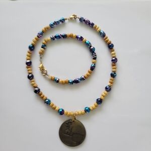 Vintage Necklace 15" Pendant Bracelet 8.5" Set Art Glass Ceramic Brass Gold Tone